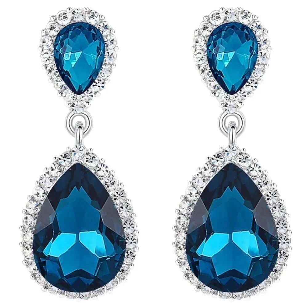 Silver with Aquamarine Blue and Diamond Austrian Crystal Teardrop Post Earrings